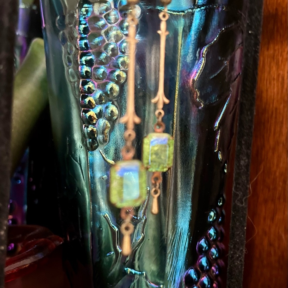 SOLD Peridot Green Crackle Glass Art Nouveau Earrings w a Glacier Blue Finish - Picture 9 of 15